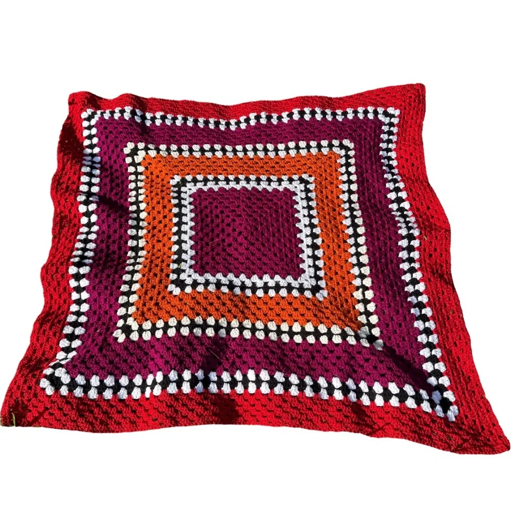 Vintage Handmade Crochet Granny Square Afghan Blanket 36x36 Red Orange Purple‎